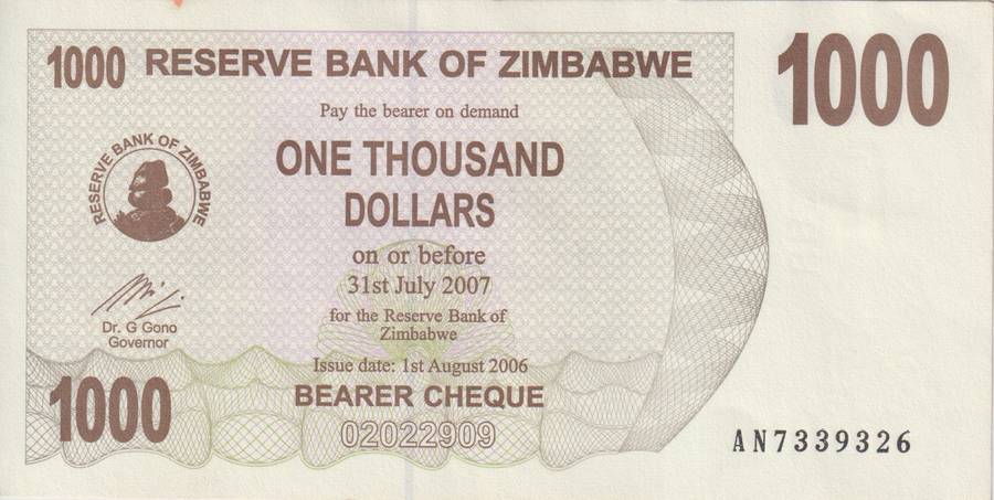 Zimbabwe 1000 DOLLARS BEARER'S CHEQUE 2006 P44 XF