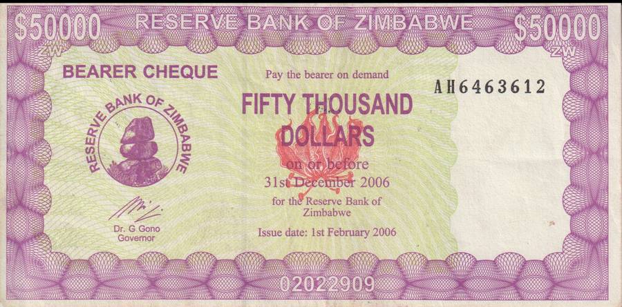 Zimbabwe 50,000 DOLLARS EMERGENCY BEARER'S CHEQUE 2006 P30 VF