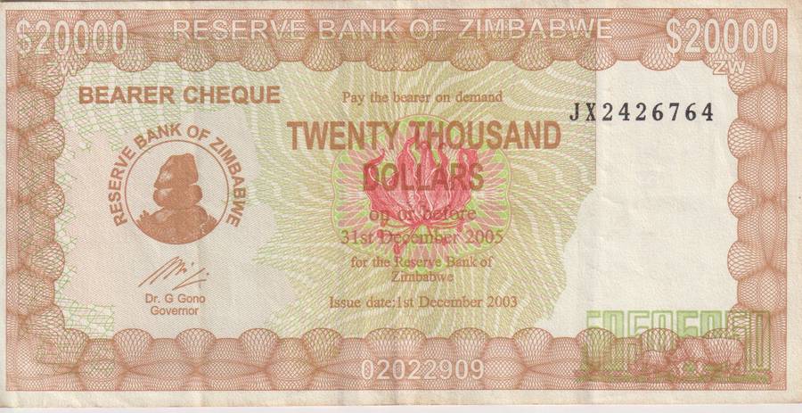 Zimbabwe 20,000 DOLLARS EMERGENCY BEARER'S CHEQUE 2006 P23 VF