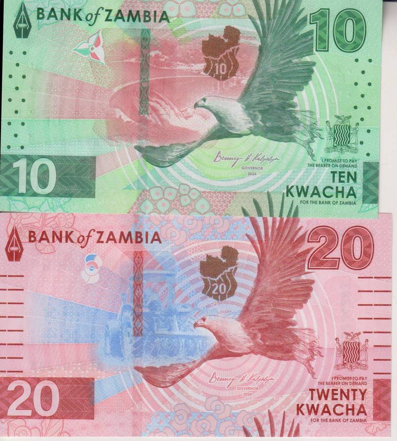 Zambia 10, 20 Kwacha  2024, P62, P63, UNC