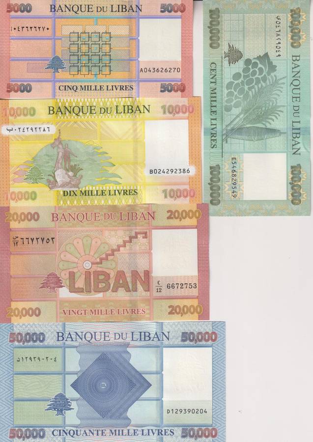 LEBANON 5,000, 10,000, 20,000, 50,000 & 100,000 LIVRES P91,92,93,94,105 UNC