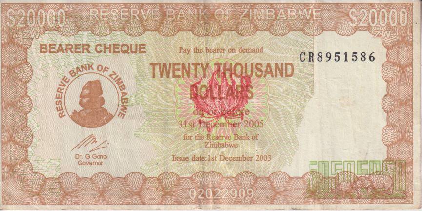 Zimbabwe 20,000 Dollars Bearer Cheque 2003 P23 VF (Marks on back)