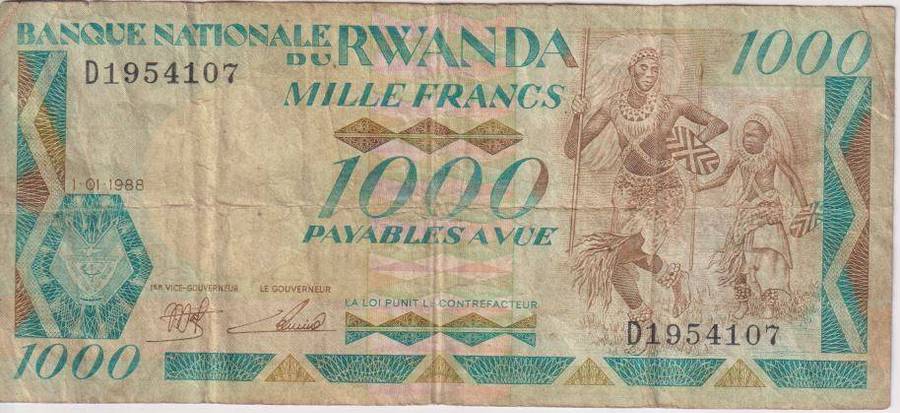 RWANDA 5000 FRANCS 1988 P21  F