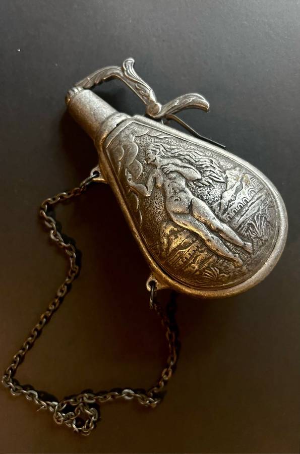 Cast pewter french black gun powder flask holder nude lady / god