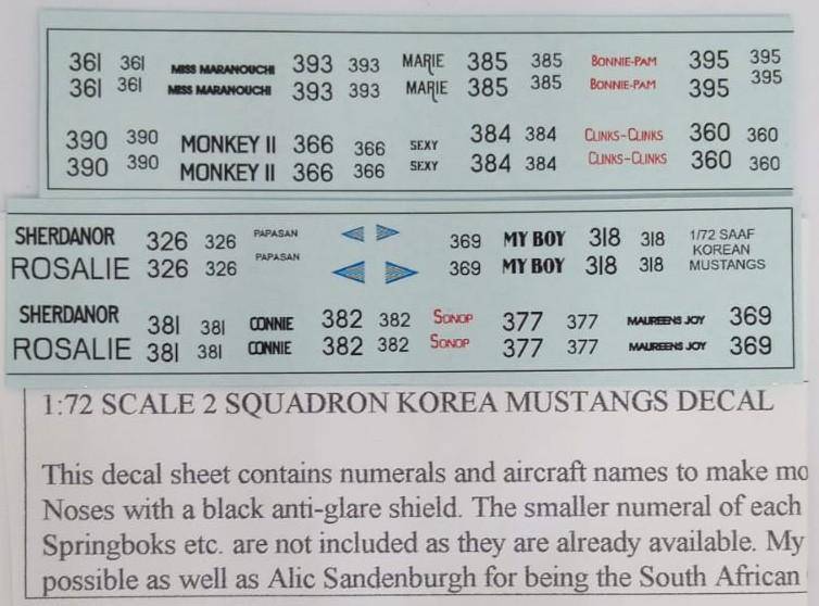 Moria Aranid Decals, SAAF 2 Squadron Mustangs Korea Badge, Names & Numbers, ACD-18, 1/72 Scale