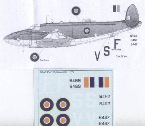 MAV Decals, MAV720111,  SAAF PV-1 Ventura Decals,  1/72 Scale