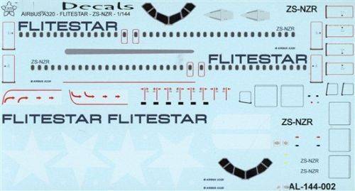 Flitestar Airlines Decals, A320, ZS-NZR, AL-144-002, 1/144 Scale