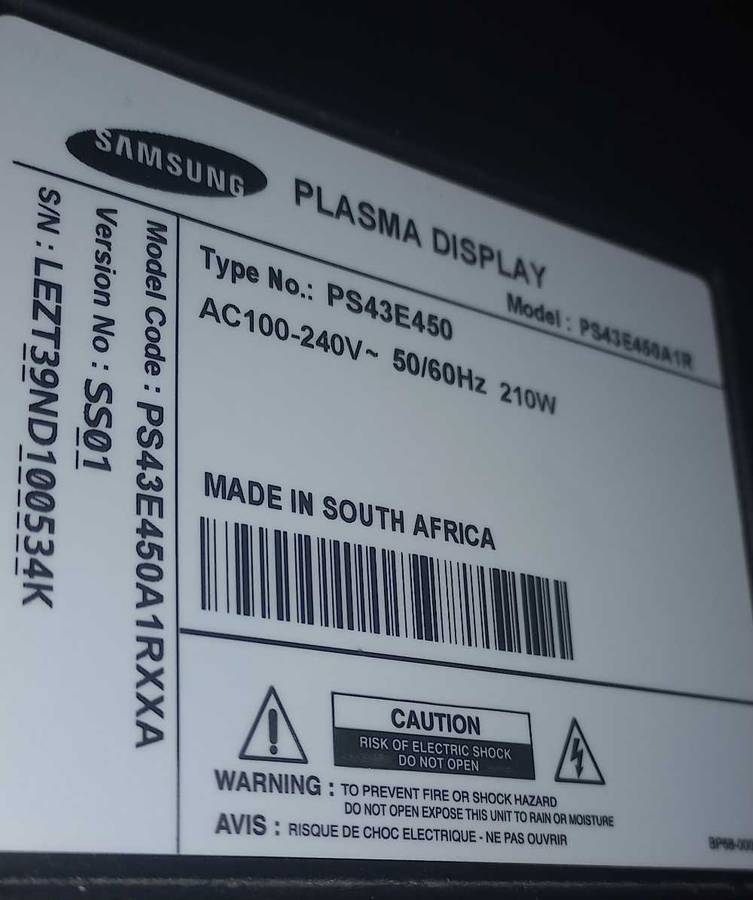 SAMSUNG 43 INCH PLASMA TV PS43E450A1R just stopped working.