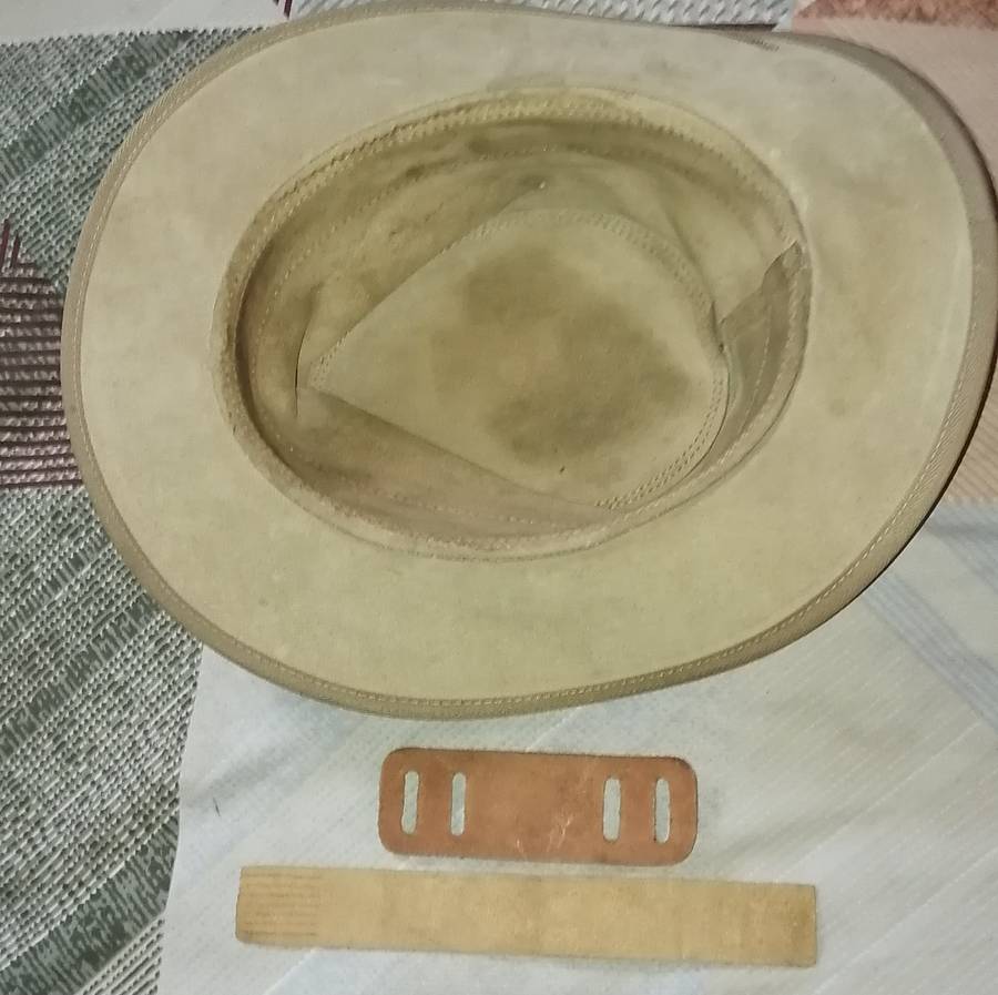 VINTAGE LEATHER BUSH HAT, LEATHER HANDLE AND LEATHER BOOK MARK