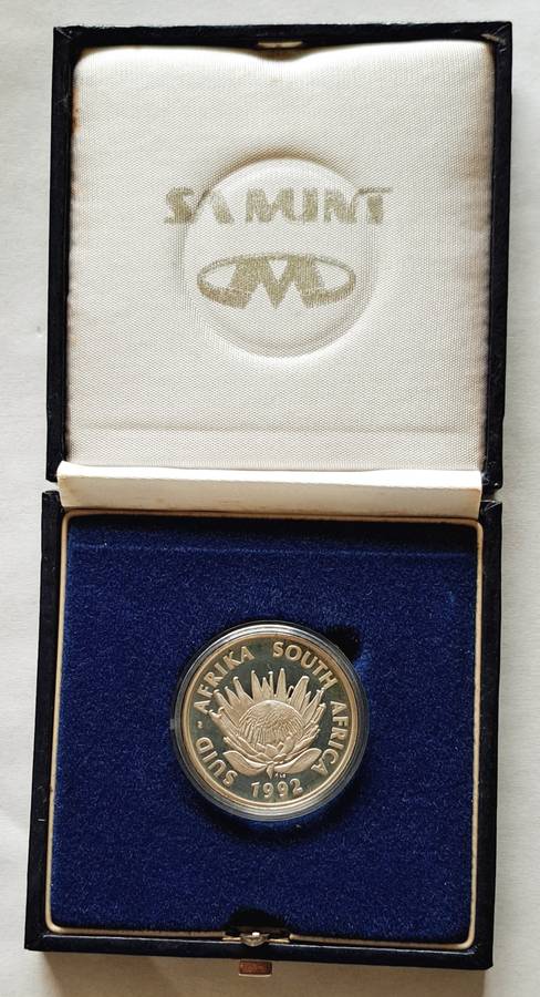 1992 SILVER ONE RAND **SOLI DEO GLORIA** COINAGE **PROOF** IN S.A. MINT BOX