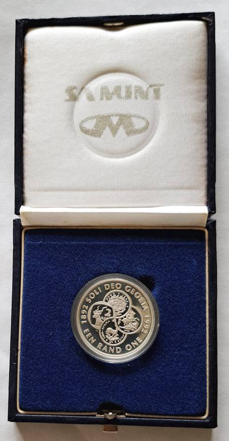 1992 SILVER ONE RAND **SOLI DEO GLORIA** COINAGE **PROOF** IN S.A. MINT BOX