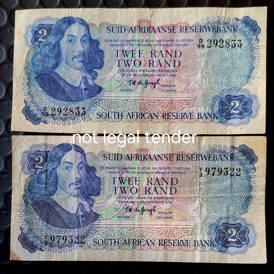 **2 x R2 T.W.DE JONGH BANKNOTES**/ *1 SPRINGBUCK WTM* & *1 VAN RIEBEECK WTM*