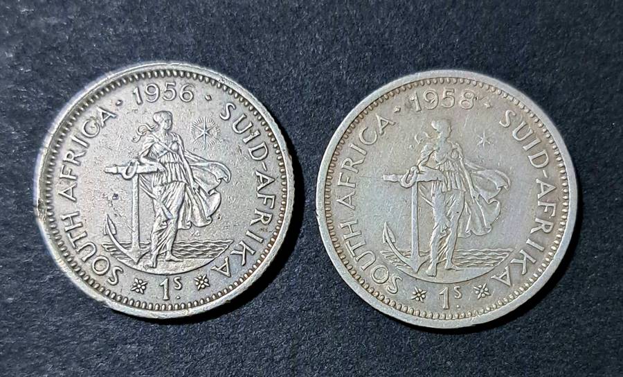 **SOUTH AFRICA** 2 X 1 SHILLING COINS** 1958 / 1956 /**SILVER COINS**.