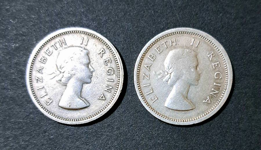 **SOUTH AFRICA** 2 X 1 SHILLING COINS** 1958 / 1956 /**SILVER COINS**.