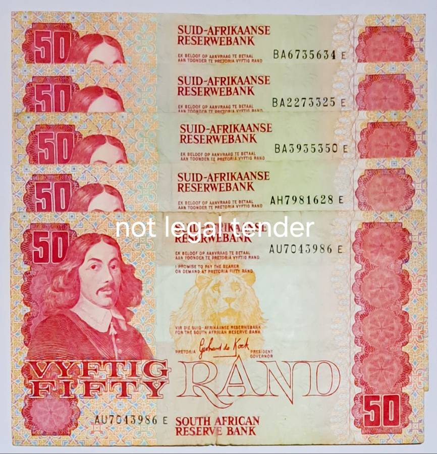 South Africa 5 x Fifty Rand bank notes. G DE Kock.