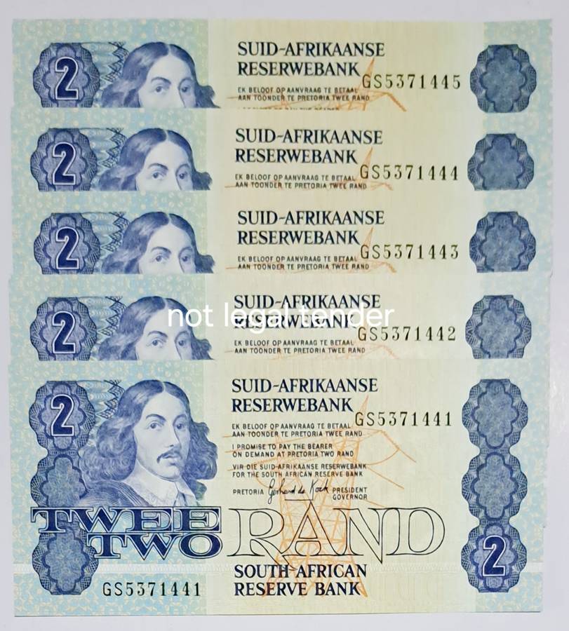 S.A. -5- Two Rand Bank Notes in Serail Number Sequence --GS-5371441 To GS- 5371445. NEW UNC Notes.