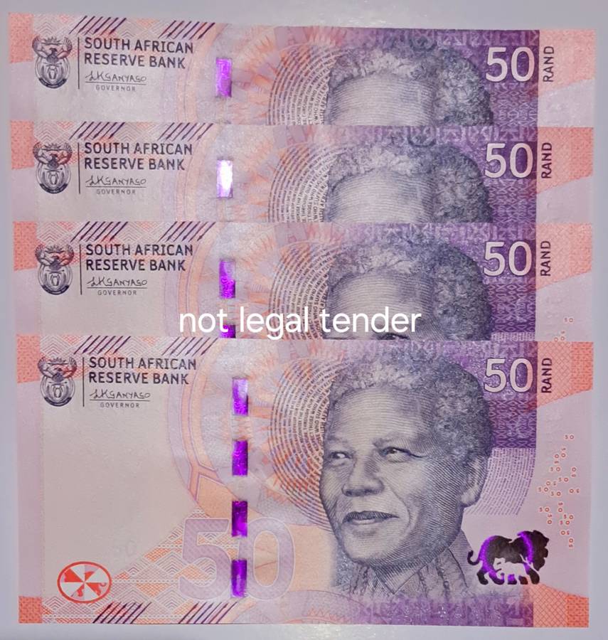 South Africa 4 × R50 Bank Notes in Serail Number Sequence AC- 67790317 To AC- 67790320 UNC Notes.