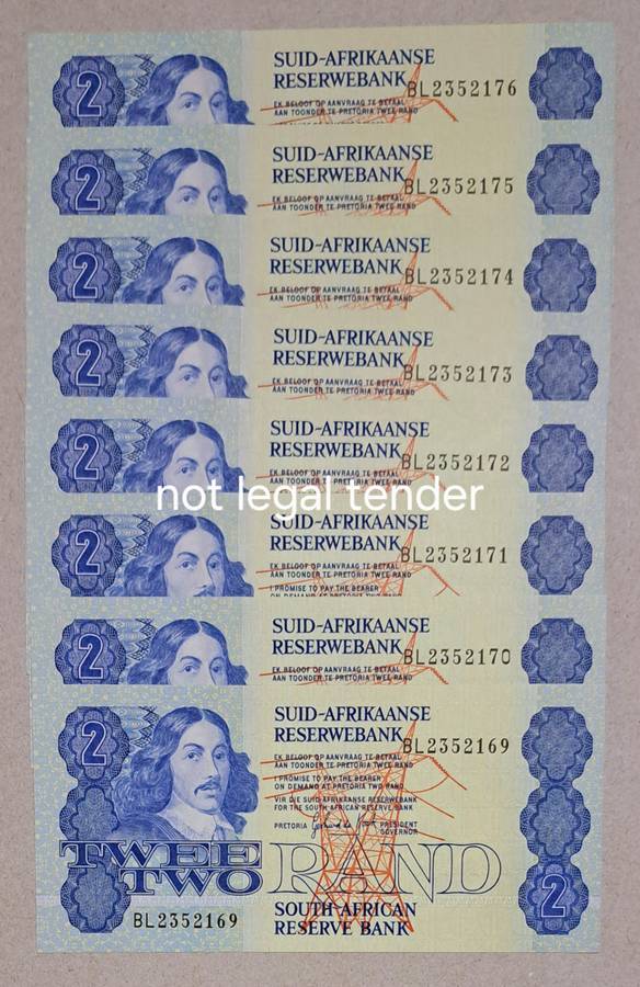 8 Two Rand Bank Notes in Serail Number Sequence "BL 2352169 to 2352176 " NEW Notes "