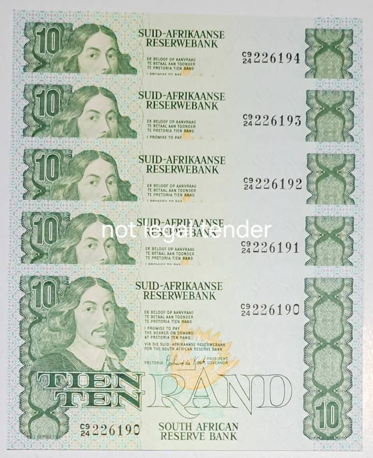 5 South Africa Ten Rand Bank Notes in Serail Number Sequence C924 226190 To C924 226194.New Notes.