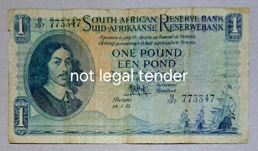 Union of South Africa One Pound " MH de Koch " B197 773347 "  19-01-1955 "