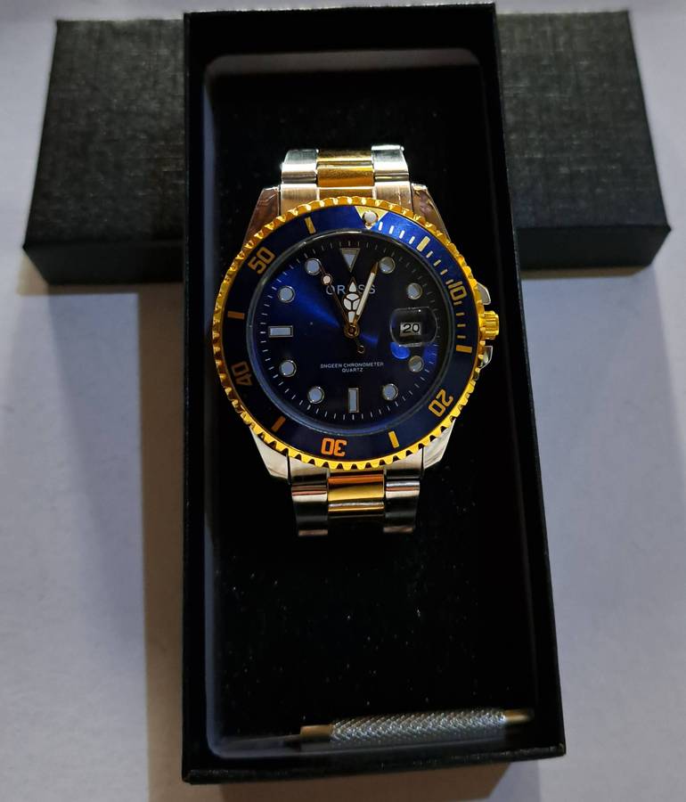 Authentic New Style Temperament Calender Mens Watch SG Interval Golden Blue Surface in Box