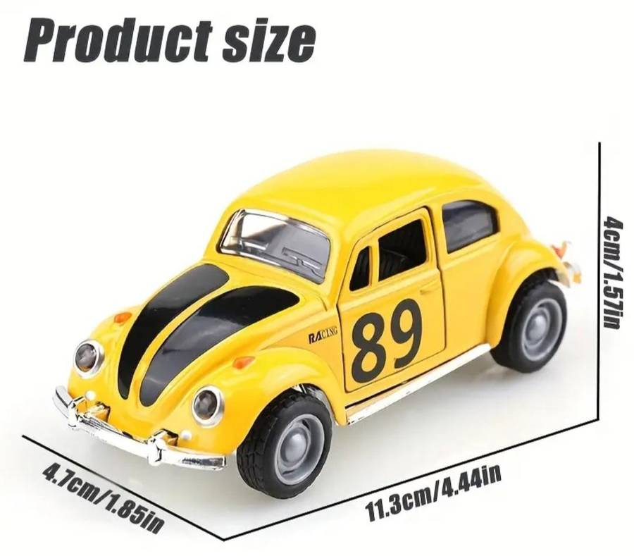 Glassic Vintage 1:38 Die-Cast Car. Pull Back Friction Racing VW Beatle."Yellow "