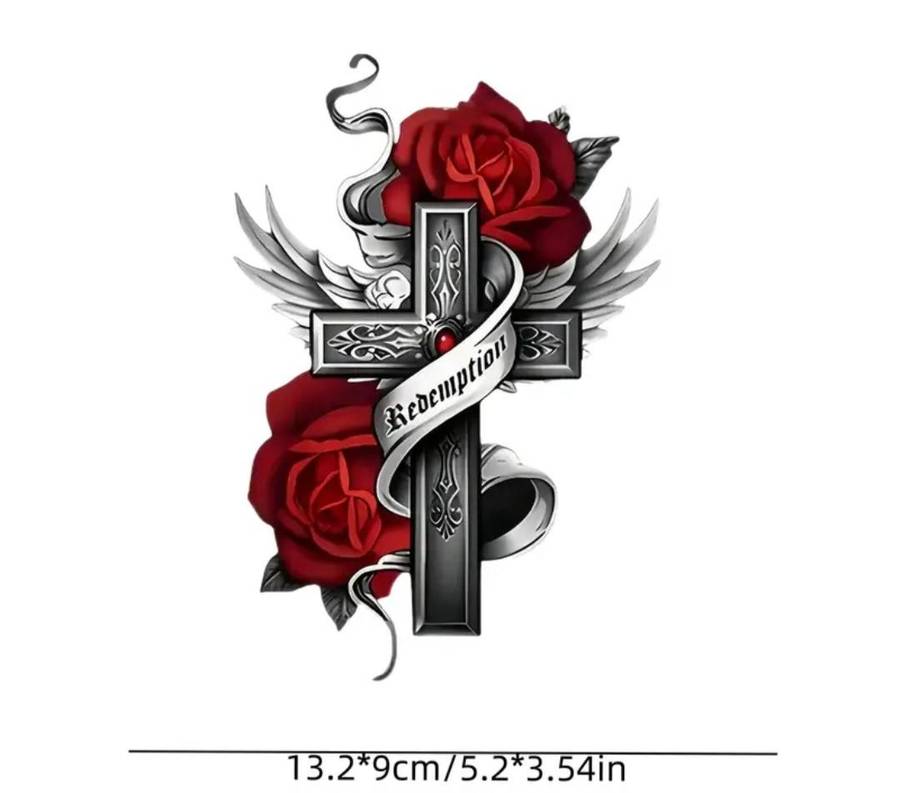 Redemption Cross & Angle Wing's  Vinyl Decal Sticker with Roses "Waterproof" 19,5cm x 15cm New