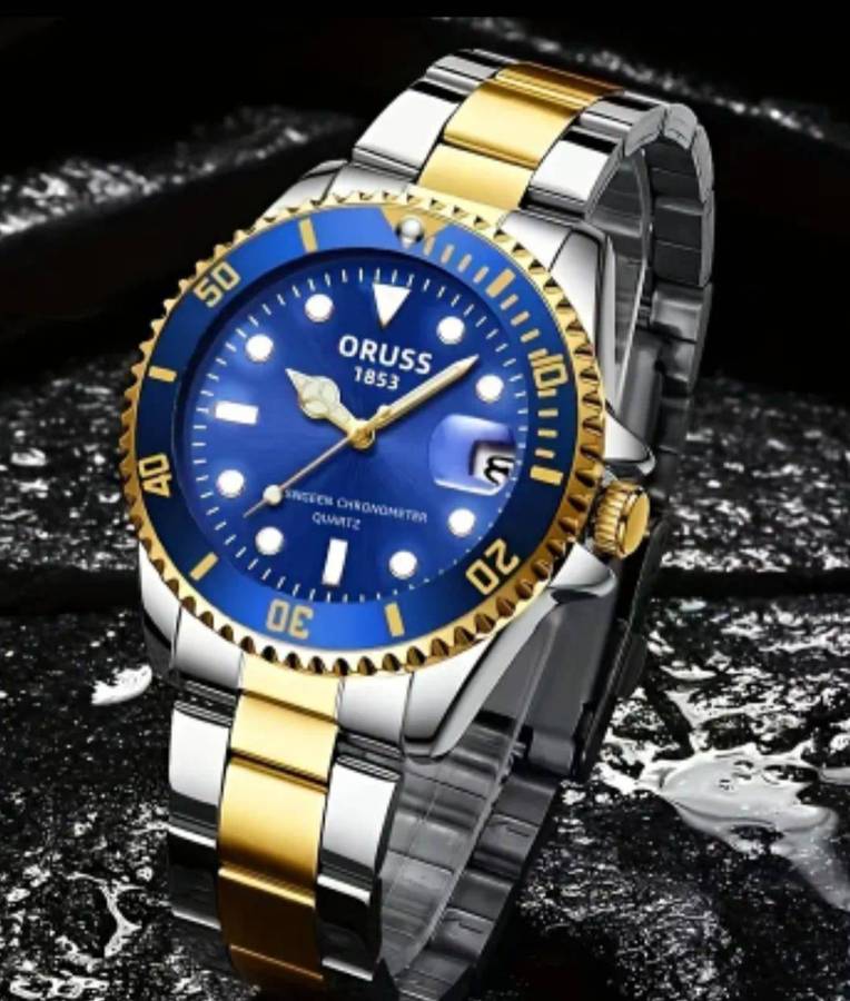 Authentic New Style Temperament Calender Mens Watch SG Interval Golden Blue Surface in Box