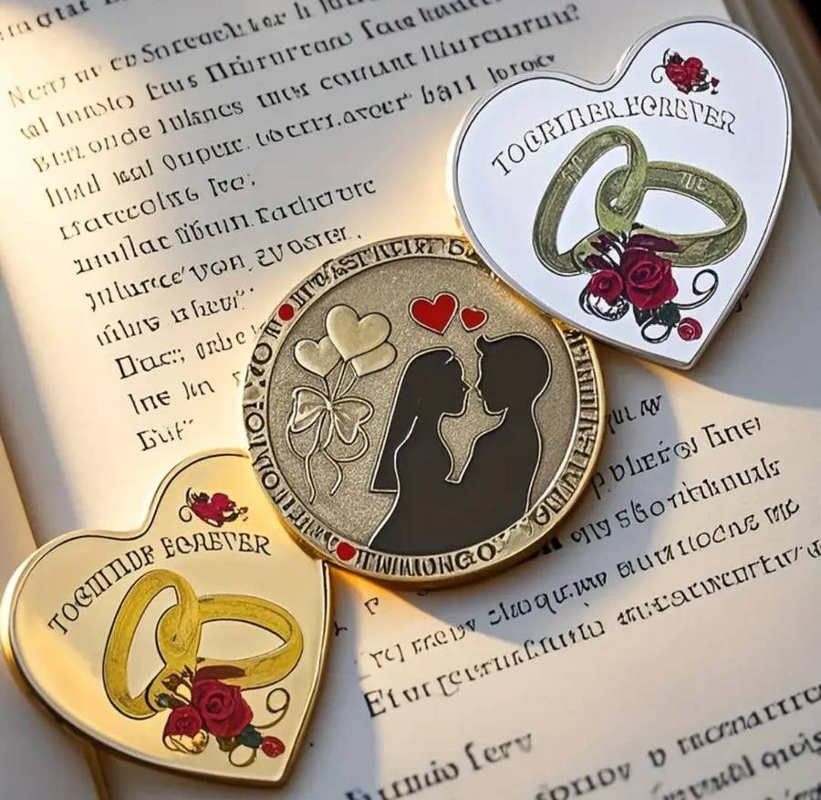 3pc Carefully Carved Commemorative Coins Set. Adorned with Love & Roses.
