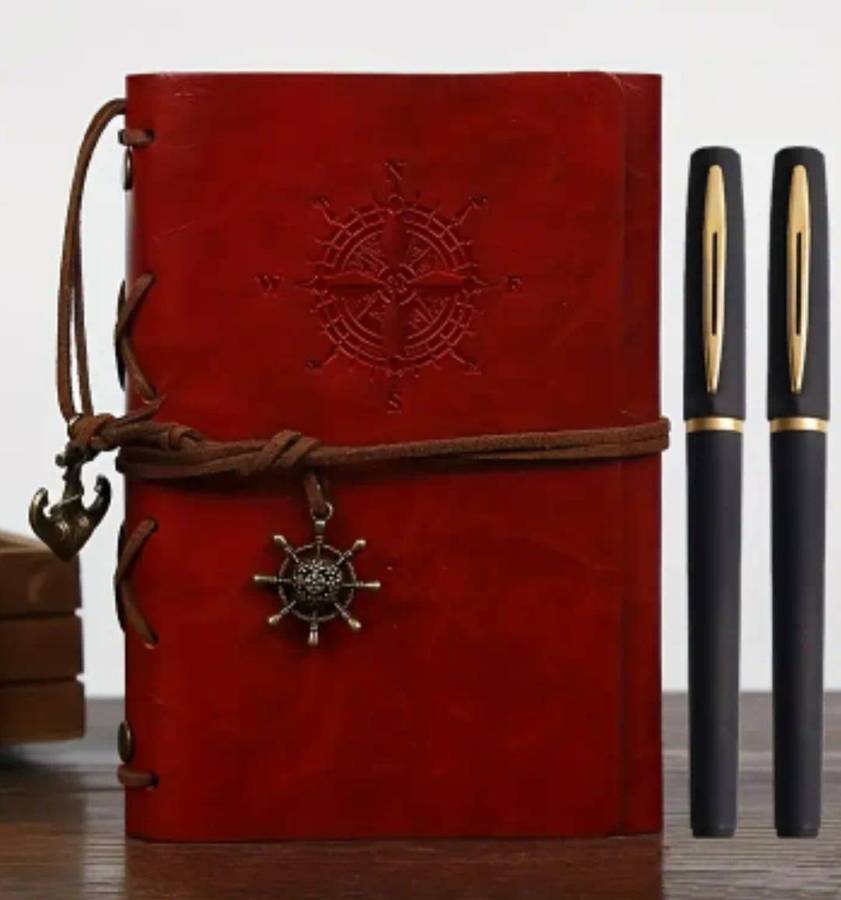 Vintage Leather Pirate Notebook A7 with 2-Black & Golden Gel Pens." Red " New