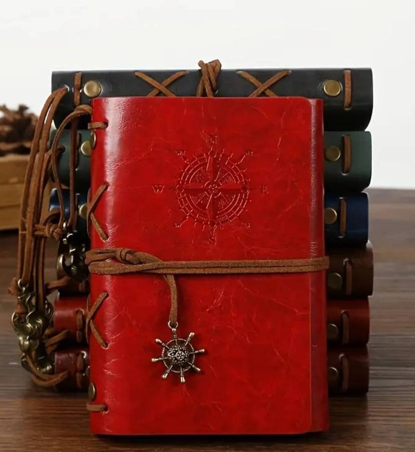 Vintage Leather Pirate Notebook A7 with 2-Black & Golden Gel Pens." Red " New