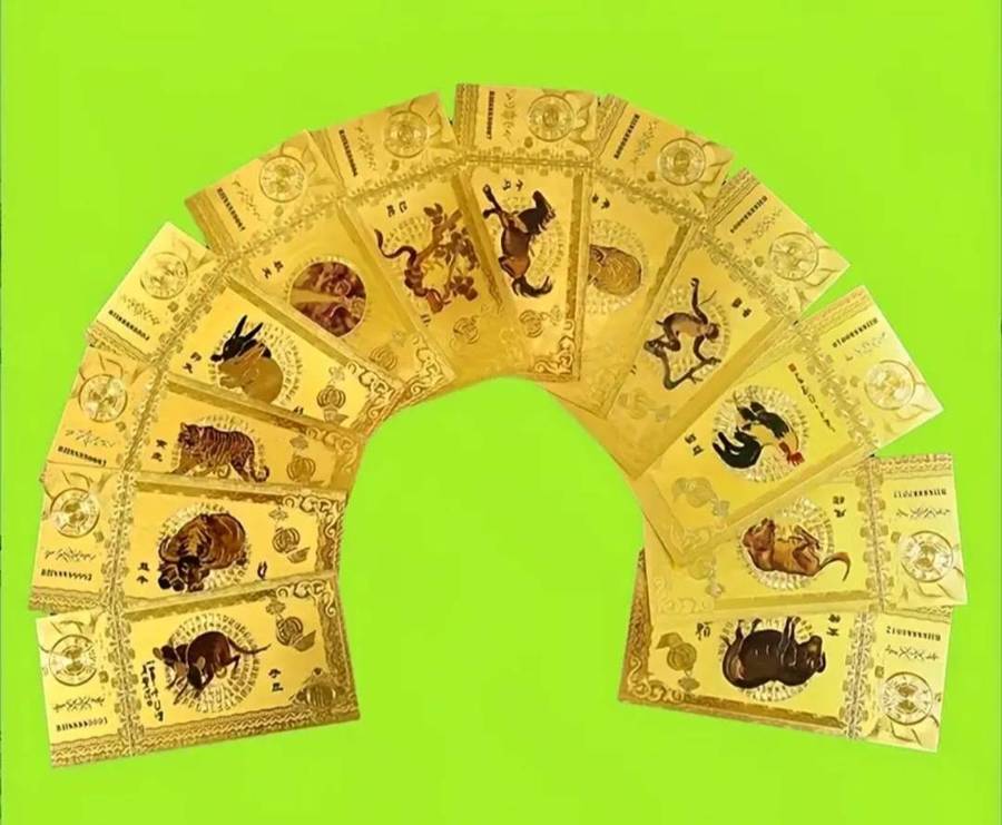 12 Golden Foil Commemorative Zodiac Animals Bills/Notes with Red Envelope New