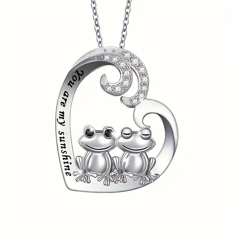 1pc Cute Creative Couple Frog Heart-shaped Pendant Necklace, Shiny Rhinestone Decor Pendant
