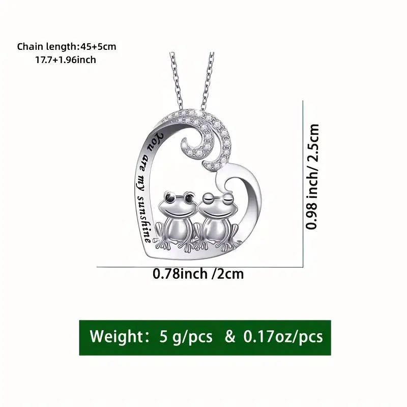 1pc Cute Creative Couple Frog Heart-shaped Pendant Necklace, Shiny Rhinestone Decor Pendant