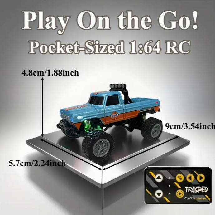 RC Mini Alloy Off-Road Truck | LED Lights 3-Speed | 2.4GHz USB Charging Pocket Size 1:64 Scale
