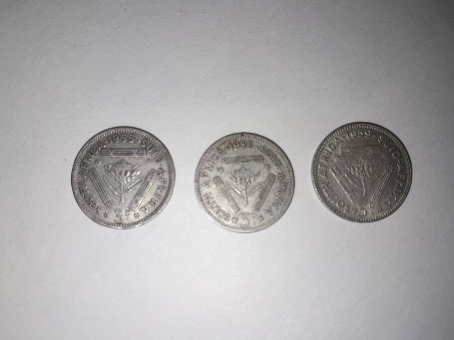 South Africa 3 Pence 1955, 1956 & 1959 Coin (Three coins in total)