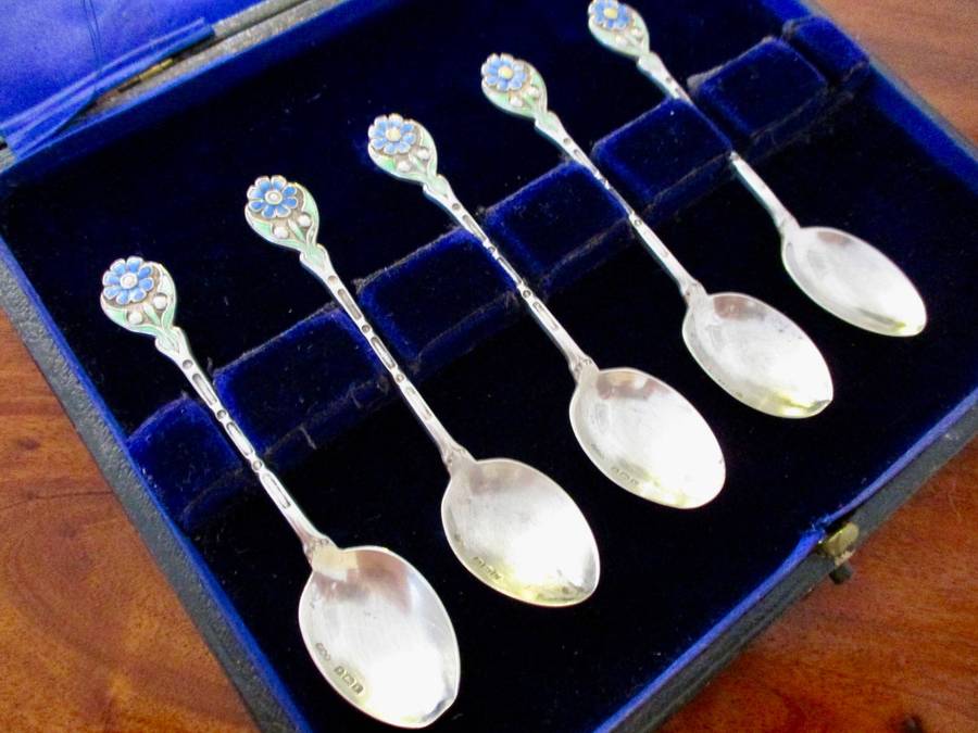 38 Grams Sterling Silver Floral Enamel Coffee Spoons Hallmarked