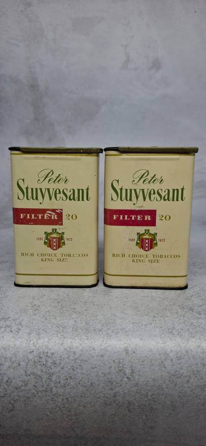 Vintage Set of 2 Peter Stuyvesant Metal Crush Proof Cigarette Boxes