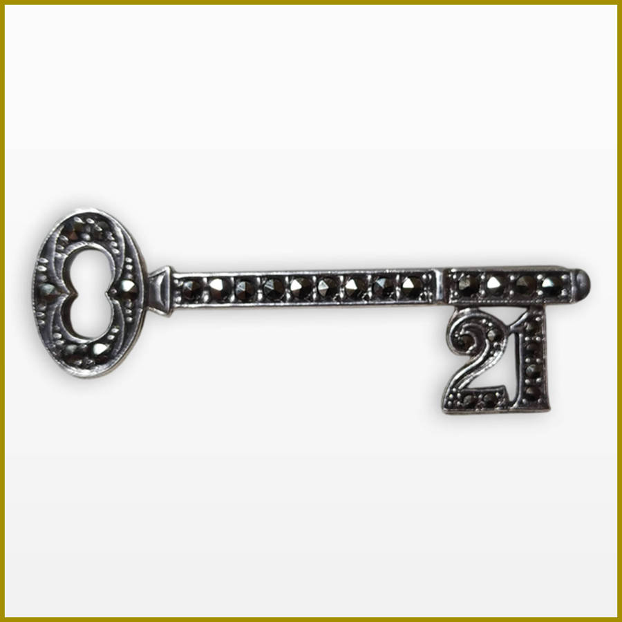 Vintage 925 Sterling Silver 21st Key Brooch With Marcasites