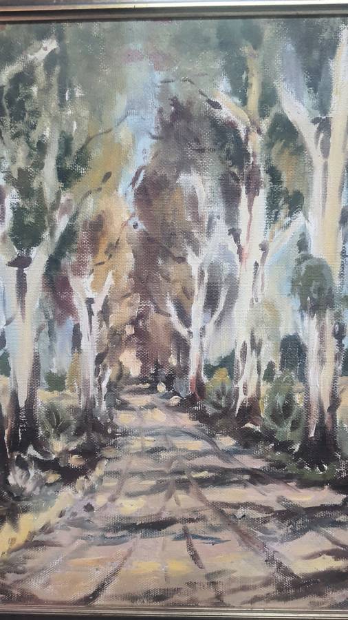 600X700 UNKNOWN OIL ON BOARD - PATHWAY BETWEEN TREES. STUNNING STILL LIFE!