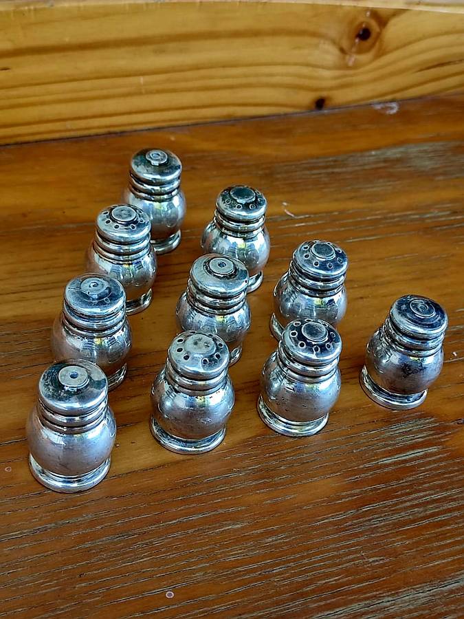 Solid Silver on brass salt and pepper shakers x10 in total. elegant and heavy! mid century