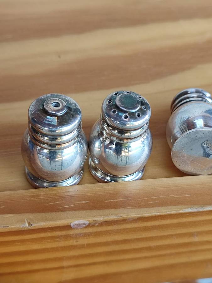 Solid Silver on brass salt and pepper shakers x10 in total. elegant and heavy! mid century