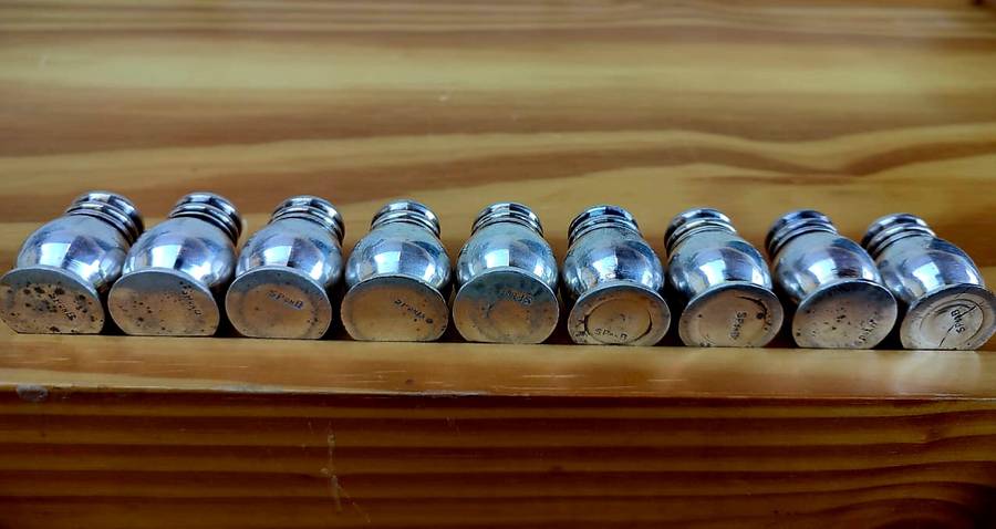 Solid Silver on brass salt and pepper shakers x10 in total. elegant and heavy! mid century