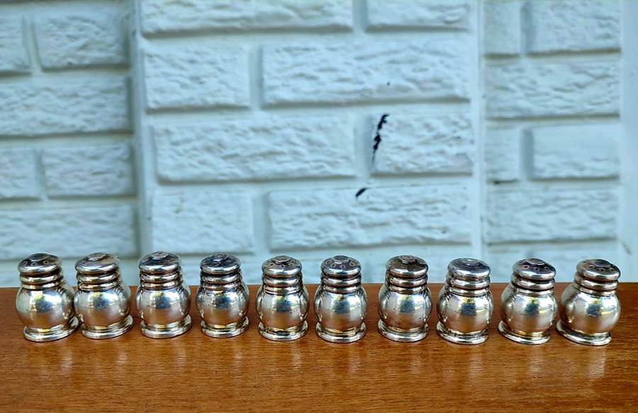 Solid Silver on brass salt and pepper shakers x10 in total. elegant and heavy! mid century