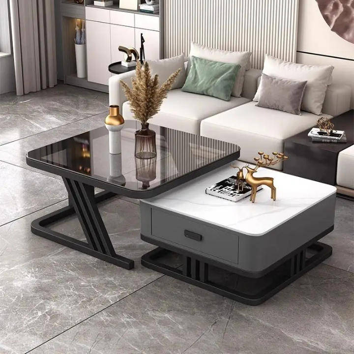 Modern Marble & Glass Nesting Coffee Table Set  Luxury Living Room Tables with Storage Drawer