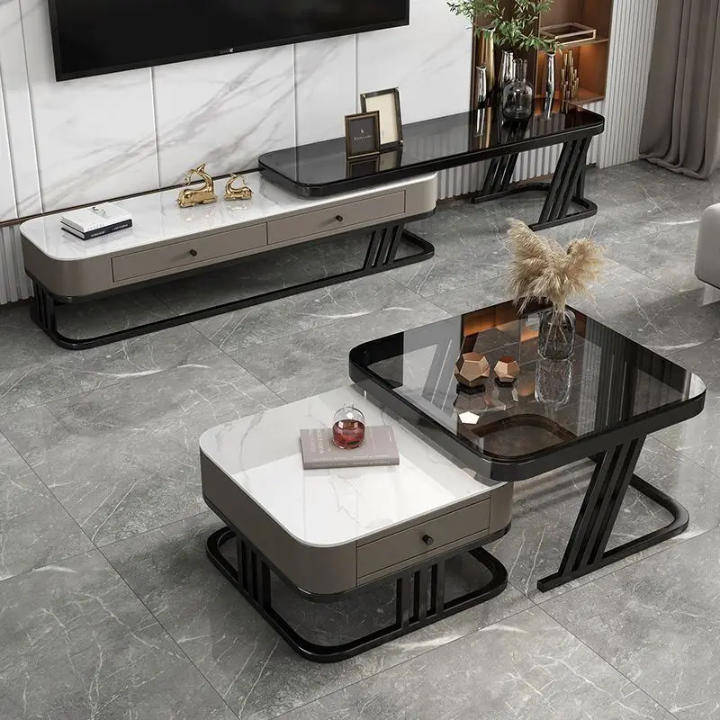Modern Marble & Glass Nesting Coffee Table Set  Luxury Living Room Tables with Storage Drawer