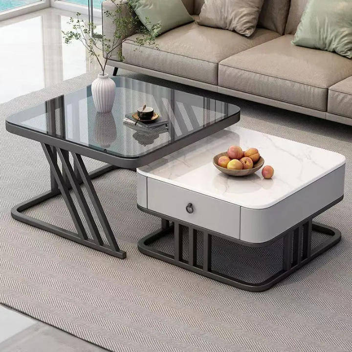 Modern Marble & Glass Nesting Coffee Table Set  Luxury Living Room Tables with Storage Drawer