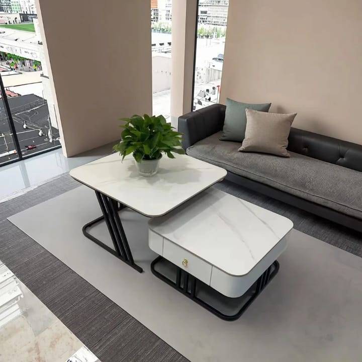 Modern Marble & Glass Nesting Coffee Table Set  Luxury Living Room Tables with Storage Drawer
