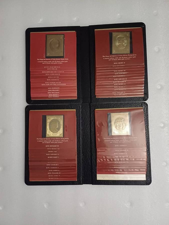 1977 set of 49 x 23ct and 12ct gold stamps. Kings and Queens of England.