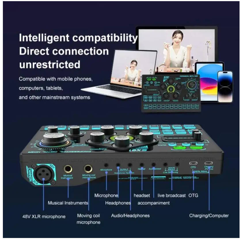 Sound Card, Multi-function Professional Mixer Mobile Phone Computer Live Streaming (Black) - sx91